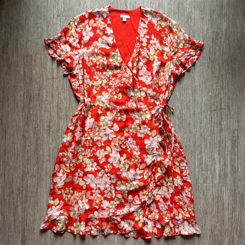 J Jill Coral Cream Floral V Neck Knee Length Short Sleeve Wrap Dress Size Medium